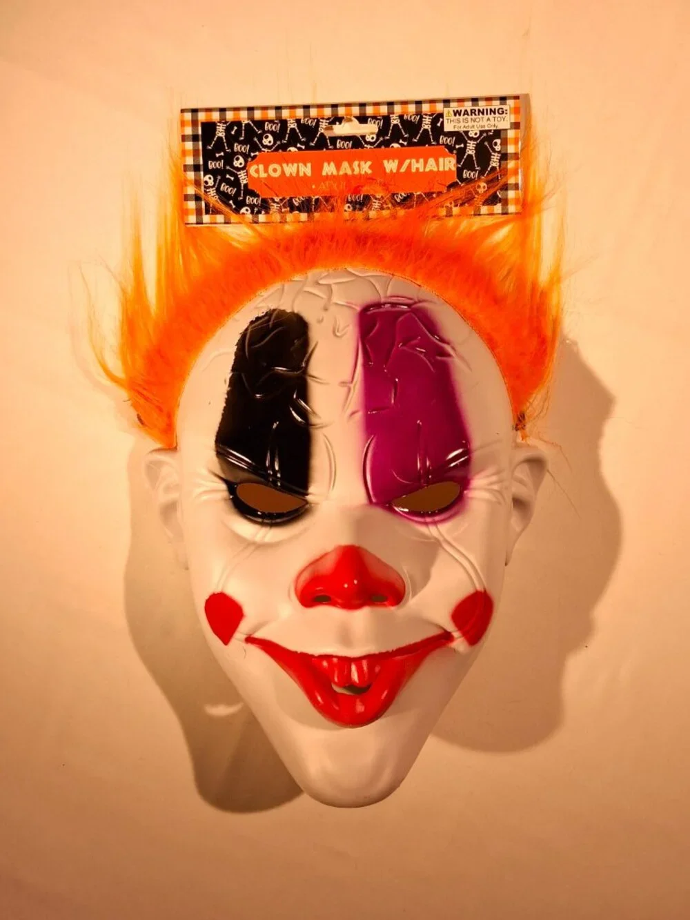 CLOWN MASK WITH HAIR Lot of 3 Adult size New White face Orange Hair Hard Plastic